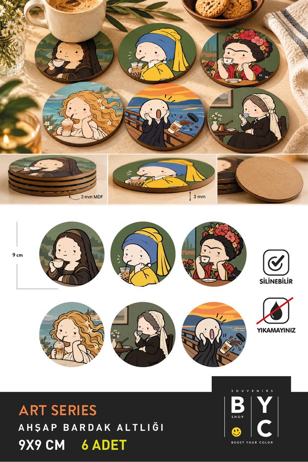 ARTSERIES Set of 6 Coasters. 9 cm, 3 mm MDF, UV Printing, Decorative Coasters