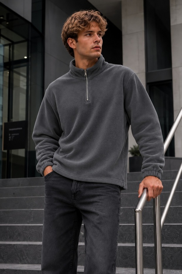 Men's Zip-Up Mock Neck Fleece-Lined Sweatshirt in Charcoal Grey