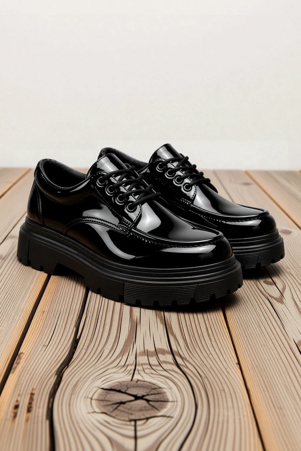 Men's Lace-Up Patent Leather Casual Classic Derby Shoes with Thick Soles, Lined, Non-Slip Outsoles, and Comfortable Fit