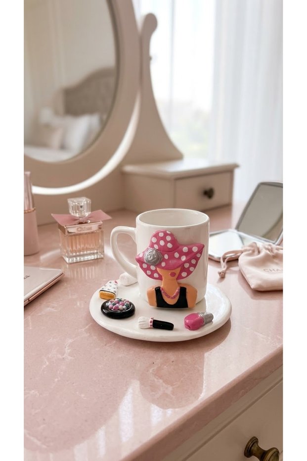 Handmade Pink Polka Dot Hat & Makeup-Themed Mug and Serving Set Gift