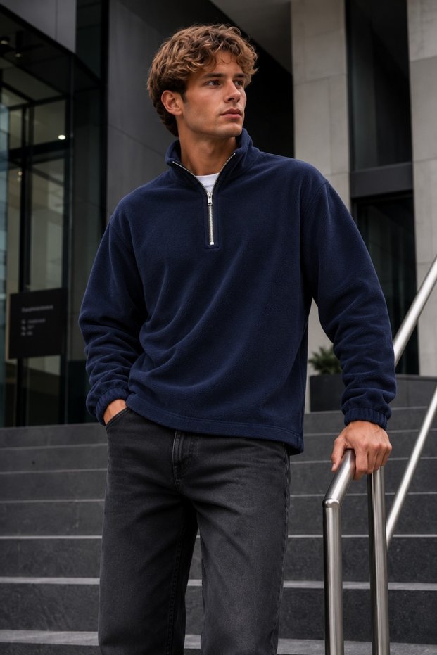 Men's Zip-Up Mock Neck Navy Blue Fleece Sweatshirt