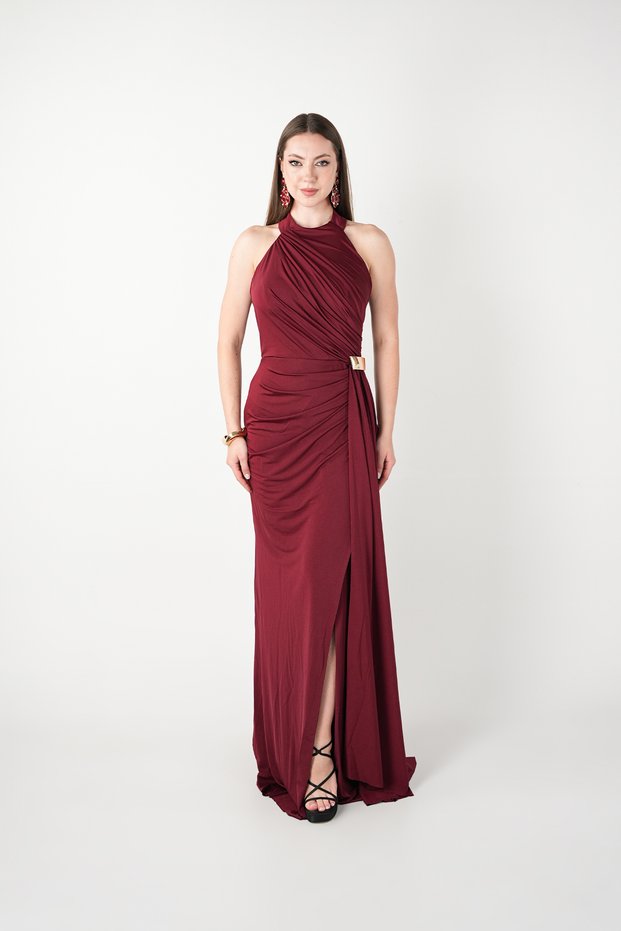 Crystal Fabric Halter Neck Evening Dress - Bordo