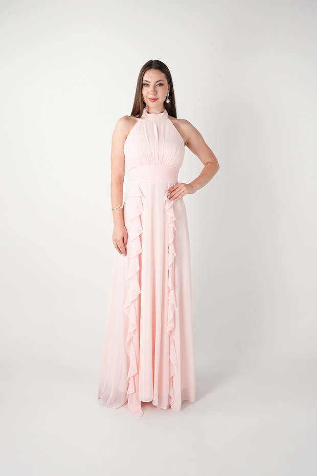 Chiffon Fabric Halter Neck Dress with Flounce Detail - Pudra