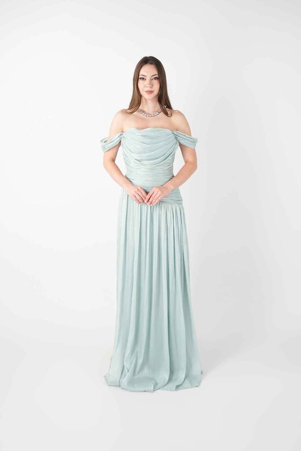 Organza Chiffon Evening Dress with Ruffle Detail - Mint Green