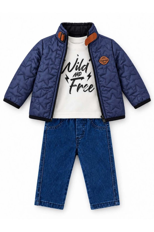 Boys' 3-Piece Fall Outfit Set: Star-Quilted Zipper Jacket and Jeans, Ages 1–3