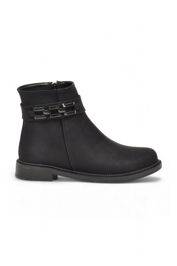 Black Emerald Buckle Detail Leather Boots with Fleece-Lined Insulation 636203