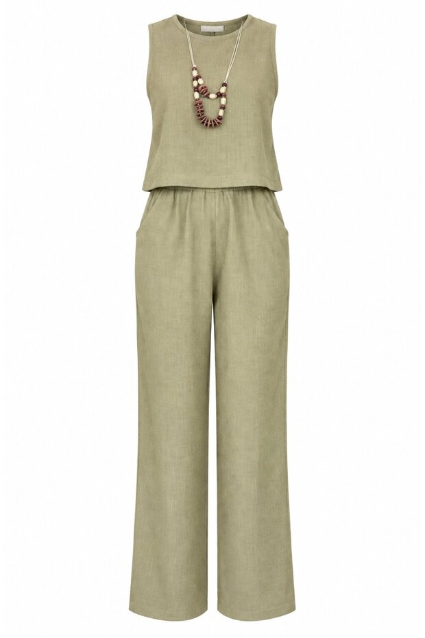 Khaki Blouse and Pants Set with Accessories - 2y8757