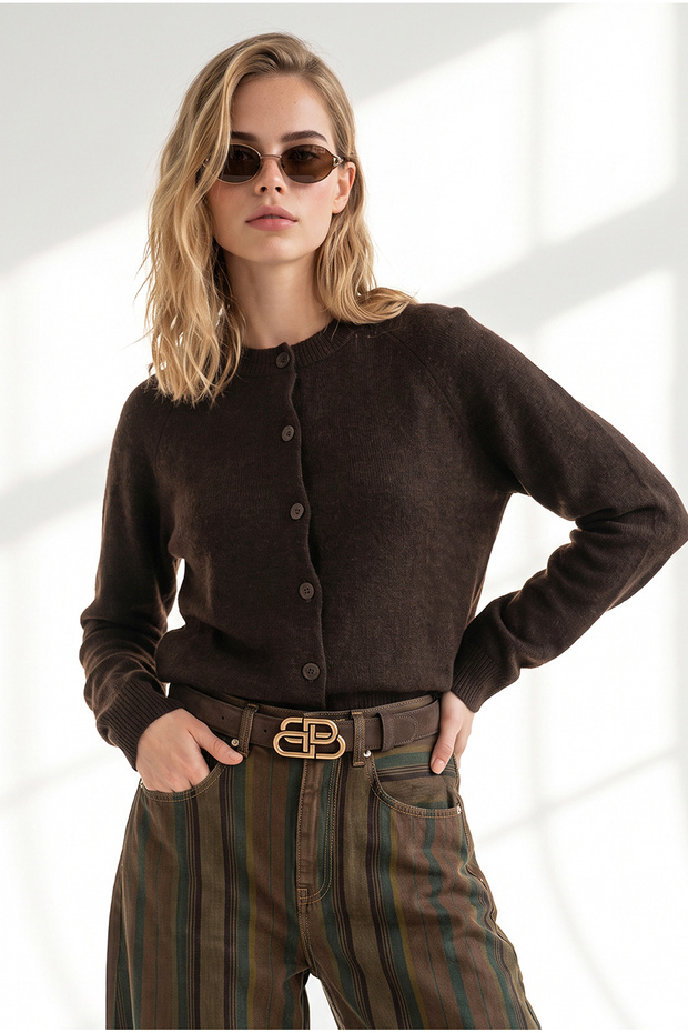 Women's Brown Crew Neck Button-Front Knit Cardigan HRK-19000528