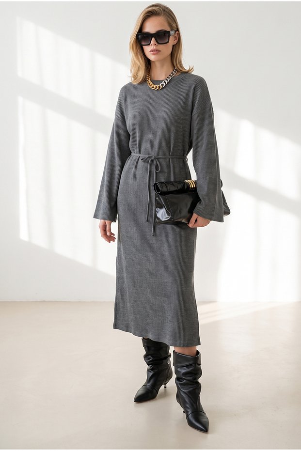 Women's Charcoal Grey Corded Fabric Long Knit Dress with Lace-Up Hem ELB-19002694