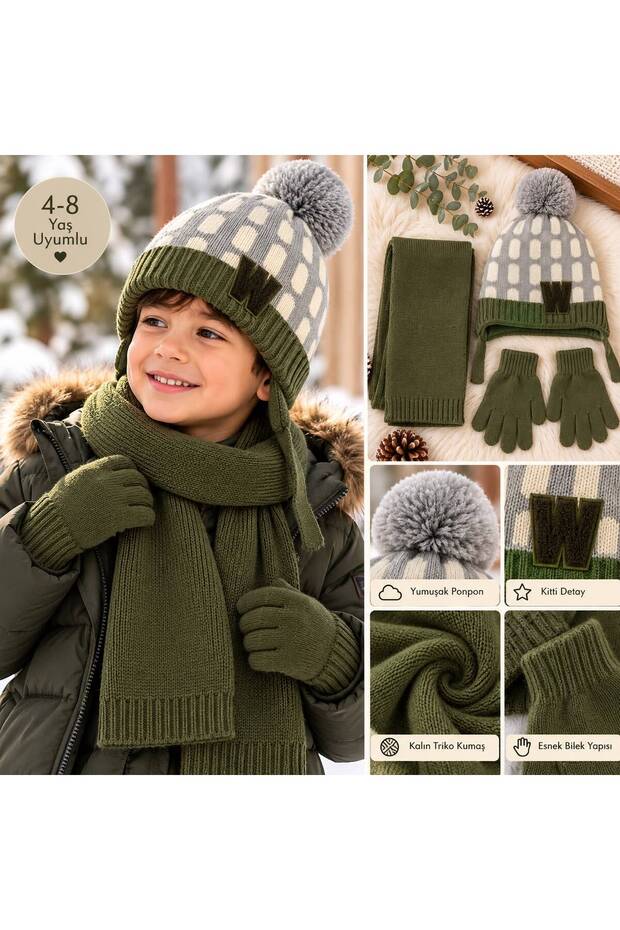 4-8 Years Old Boy's Scarf, Beanie, Gloves 3-Piece Set