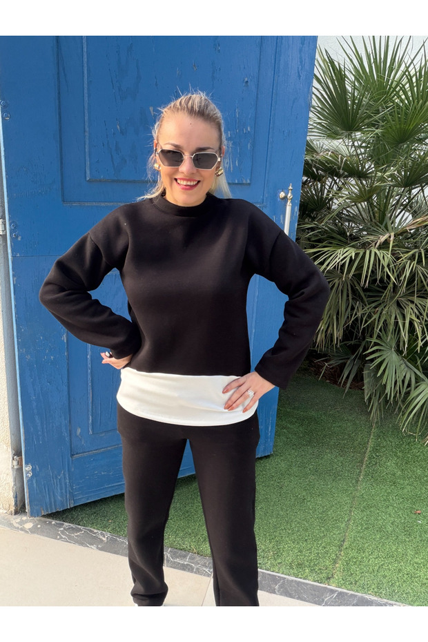 Women's fleece-lined winter tracksuit set, comfortable fit, crew neck sweatshirt and pants, two-piece set.