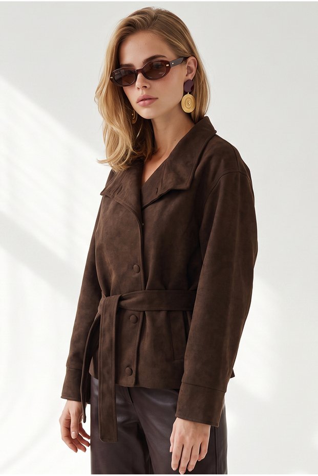 Women's Brown Mock Neck Suede Jacket with Belt Detail and Lining CKT-19000546