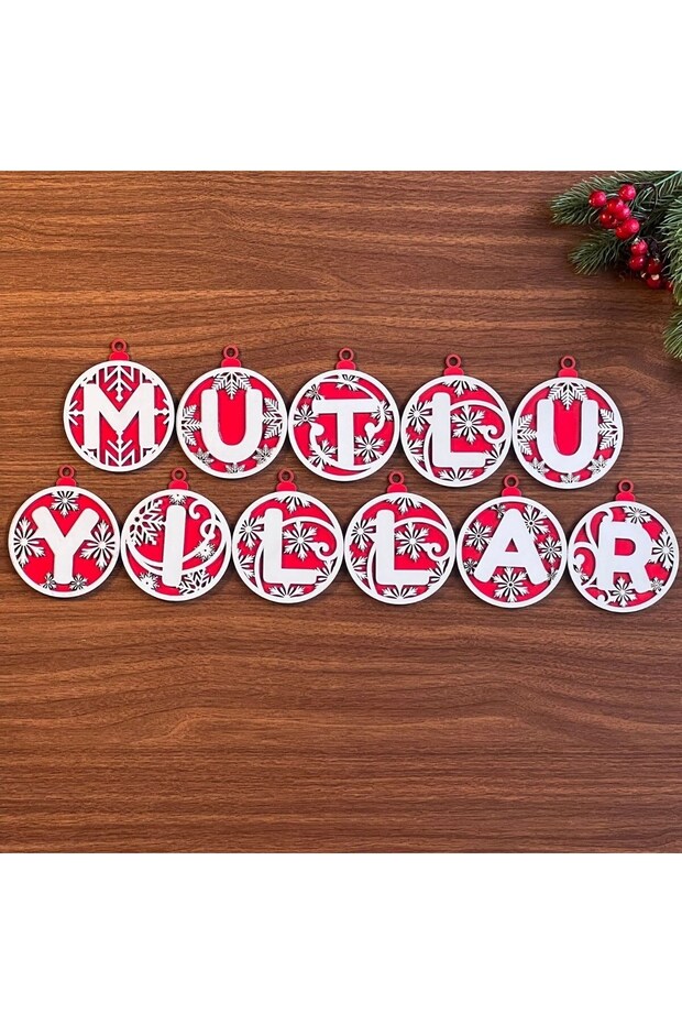 11-Letter Wooden Christmas Tree Ornament with "HAPPY NEW YEAR" Written in Red and White String (5496)