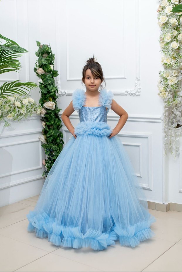 Blue Princess-Style Girls' Formal Dress with Ruffed Shoulders and Glittery Print