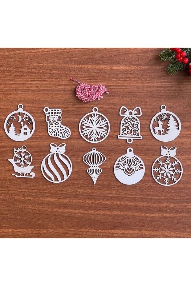 Set of 10 Red and White String Mixed-Design Wooden Christmas Tree Ornaments (5496)