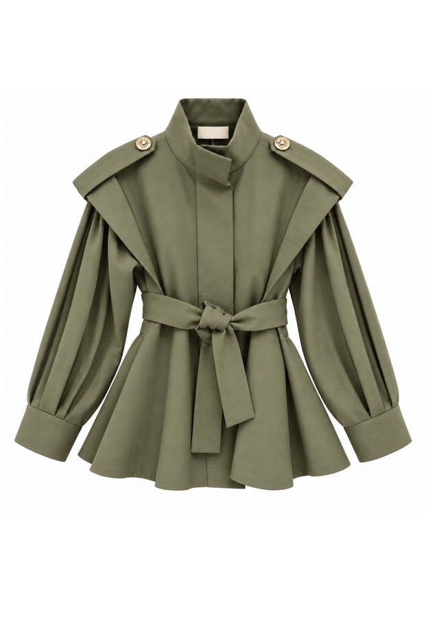 Mademoiselle Epaulet-Style Cotton-Padded Shoulder Pad Belted Trench Coat
