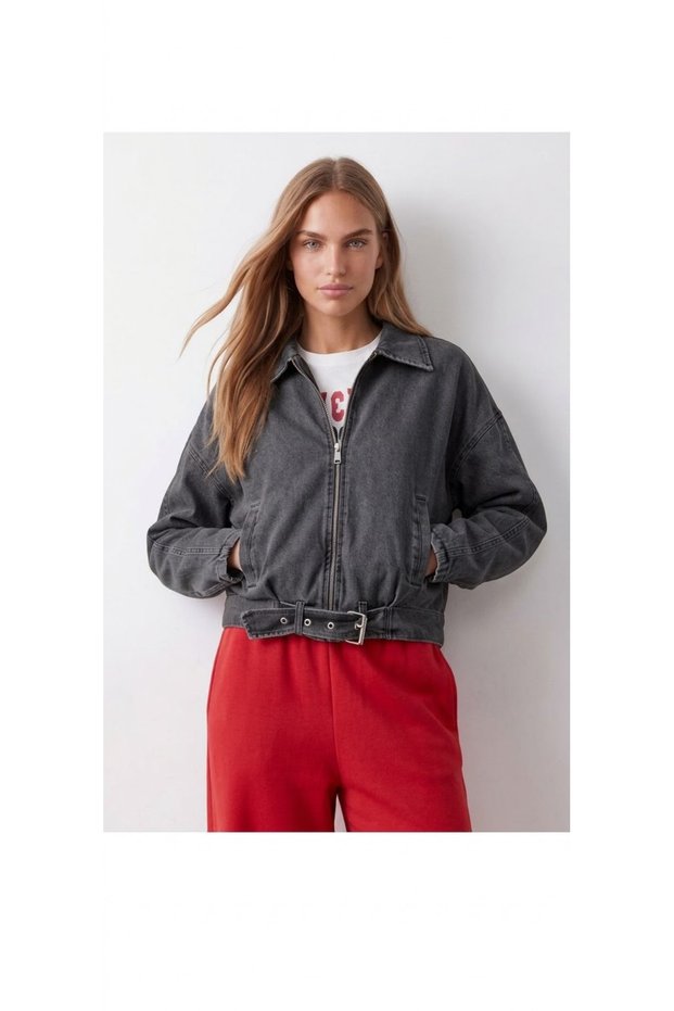 Women's Belt Detail Denim Jacket – Denim Jacket with Oversized Zippers Navy Blue