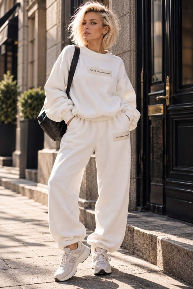 Women's clothing white oversized sweatshirt - tracksuit set with slogan embroidery and text details.