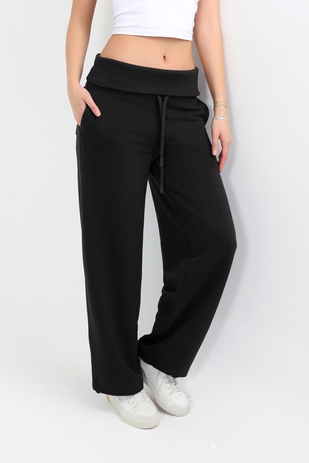 Women's Black Pants with Rolled Hem and Adjustable Waist, Barrel Fit, Loose Fit - H6187