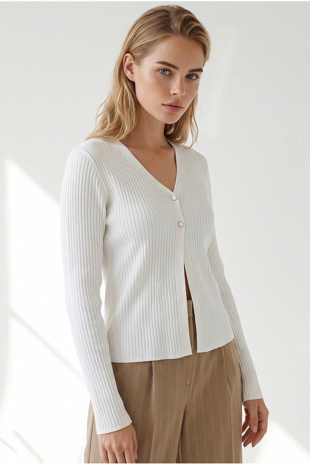 Women's White 2-Button Corded Fabric Knit Cardigan HRK-19000533