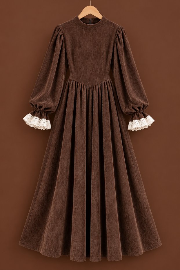 Vintage Long Dark Brown Velvet Dress with Lace Details