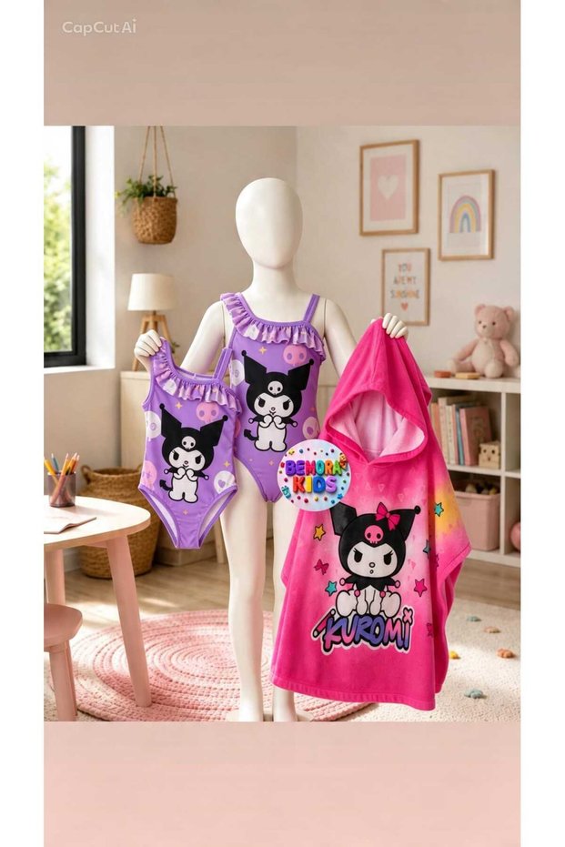 Girl's Swimsuit Kuromi Swimsuit Beach Hat + Kuromi Beach Towel Poncho Towel Set of 2