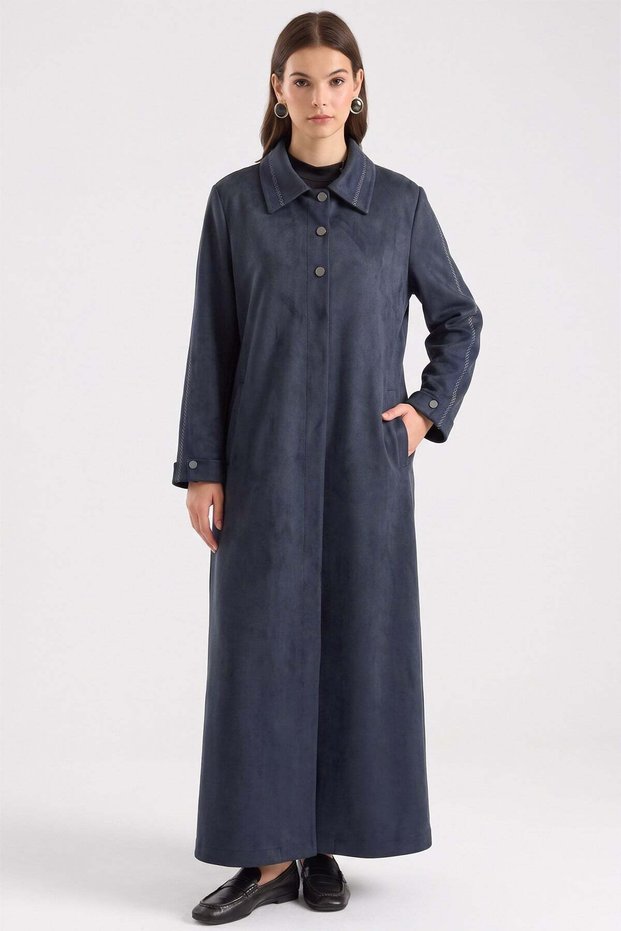 Plus-Size Suede Trench Coat with Embroidered Collar and Sleeve Detail, NAVY 6931