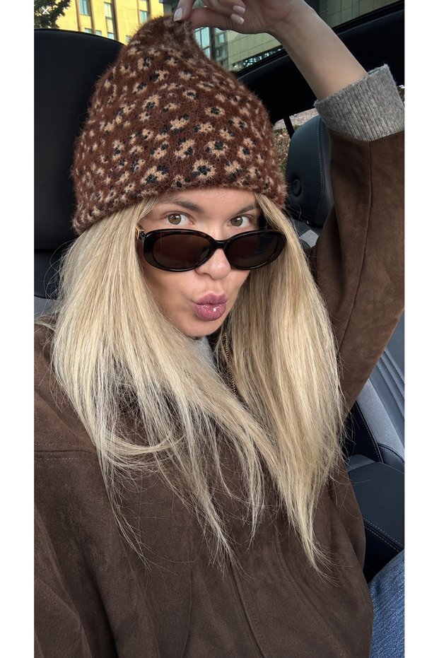 Coffee-Colored Leopard Print Bearded Soft-Textured Winter Beanie BERE1163