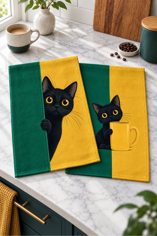 Emerald Cat Black Cat with Green and Yellow Pattern, Digitally Printed 2-Piece Kitchen Towel Set, 35x55 cm