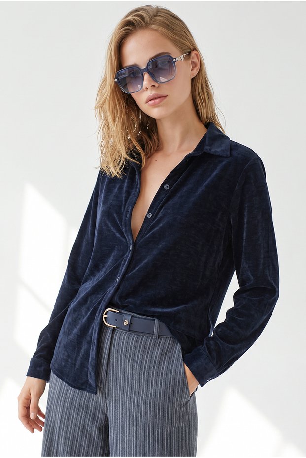Women's Navy Blue Mottled Thick Velvet Shirt GML-19001465