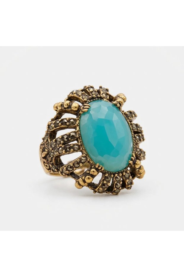 Bronze Women's Ring, Authentic Copper Jewelry, Zircon and Turquoise Stone Inlay, Victorian Style, Adjustable, Vintage