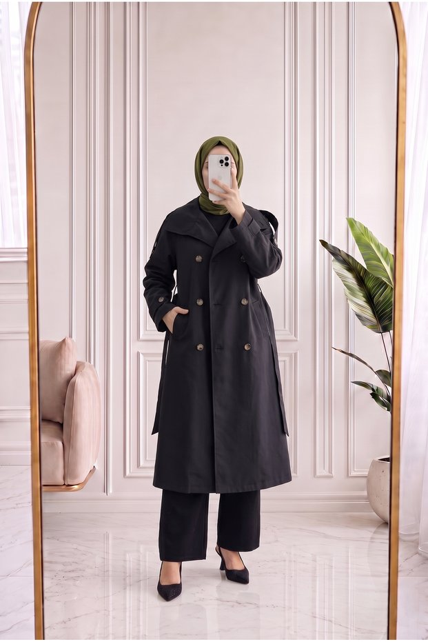 Ahuser Back-Closure Tie-Detail Trench Coat - ZŞ7322 Black