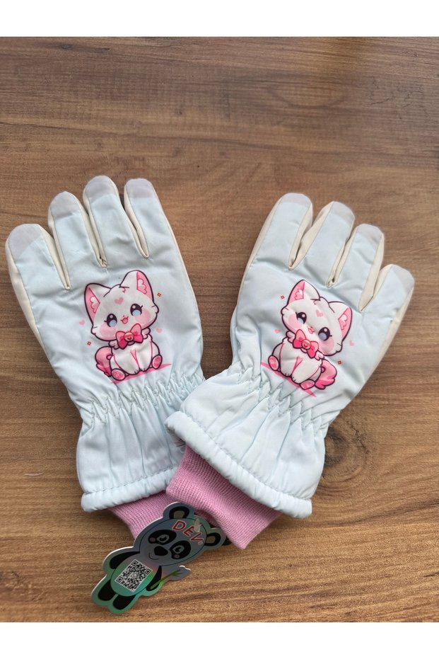Light Blue Children's Ski and Snow Gloves with Cat Design, Ages 4–7