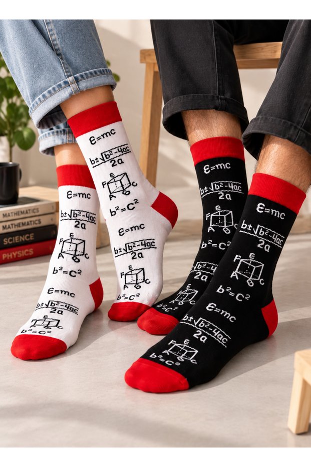Set of 2 Math-Patterned Socks, Black and White, 85% Cotton