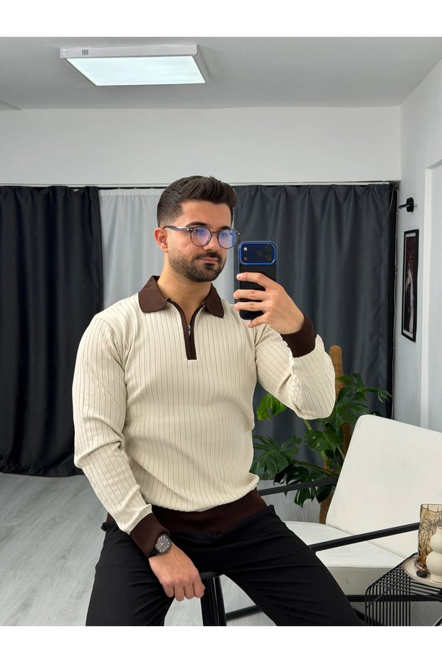 Men’s Polo Collar Half-Zip Corded Fabric Sweater