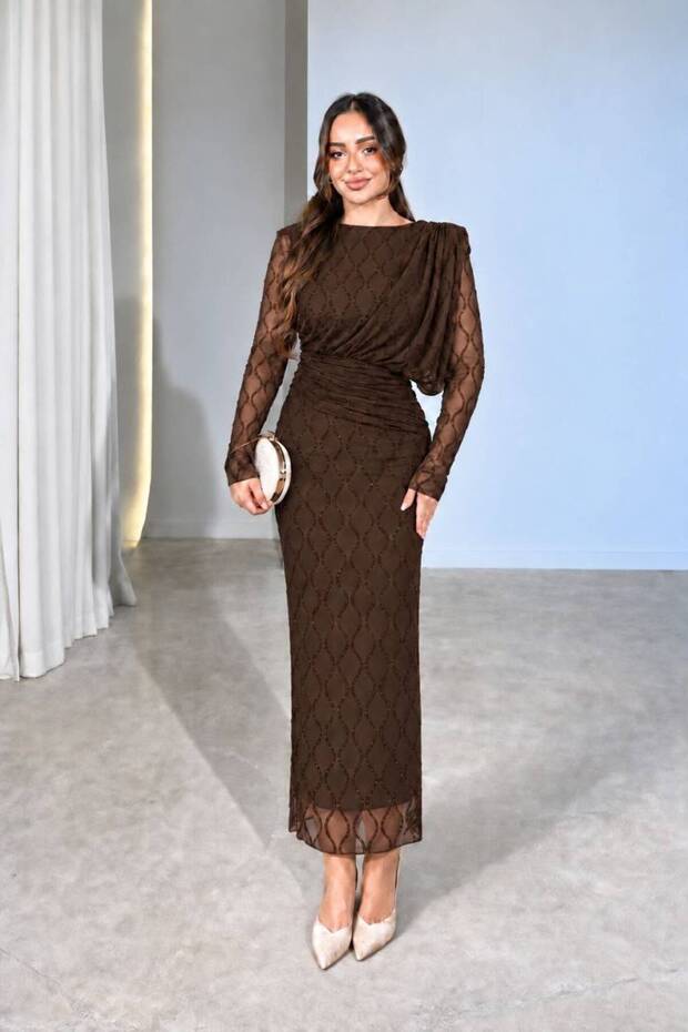Women's Crew Neck Brown Draped Sleeve Tulle Detail Long Evening Gown