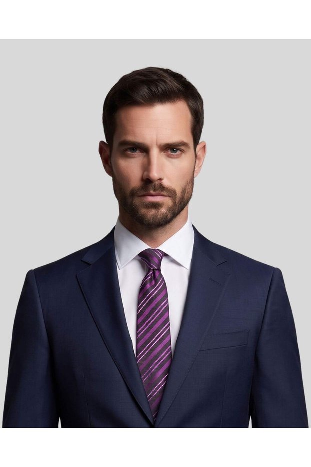 Black Striped Purple Silk Tie – 7.5 cm Wide