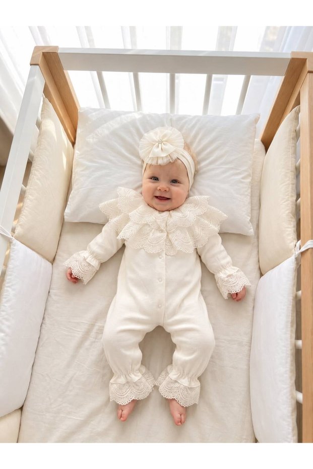Baby Girl Mevlütlük Jumpsuit with Lace Bandana, 100% Cotton, Hospital Release