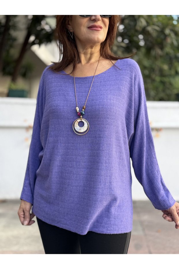 Italian Round-Neck Textured Basket-Weave Knit, Lilac