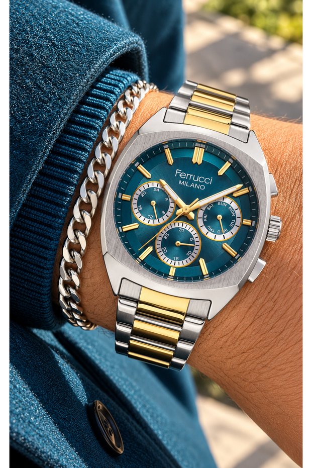 FUNCTIONS: ACTIVE-YELLOW SILVER STEEL STRAP-BLUE DIAL-MEN'S WATCH + BRACELET