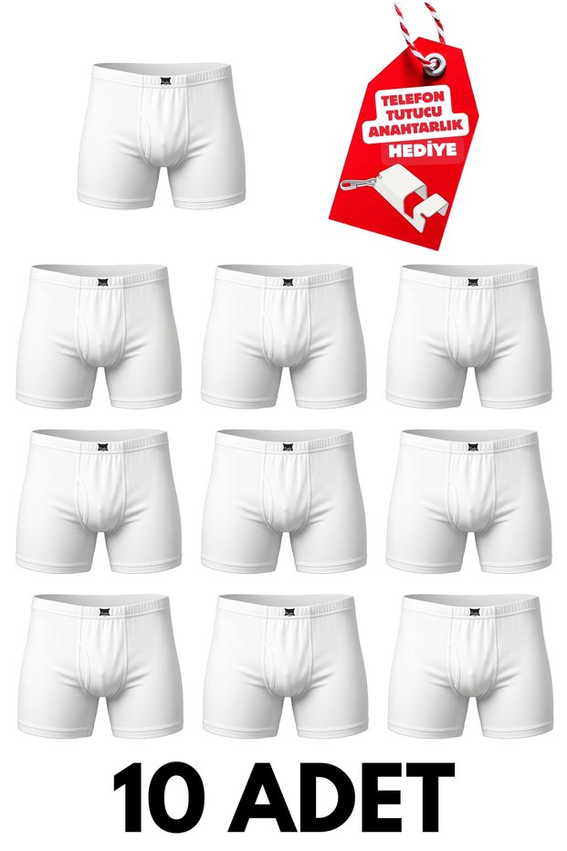 10-Pack of White, 100% Cotton Jersey, Relaxed-Fit Men's Boxer Briefs Mega Set + Free Phone Holder Keychain
