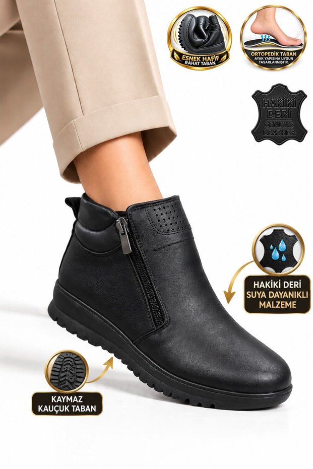 Mom's Genuine Leather, Rubber Sole, Double-Zip Women's Heat-Retaining Mom Boots, Water-Resistant