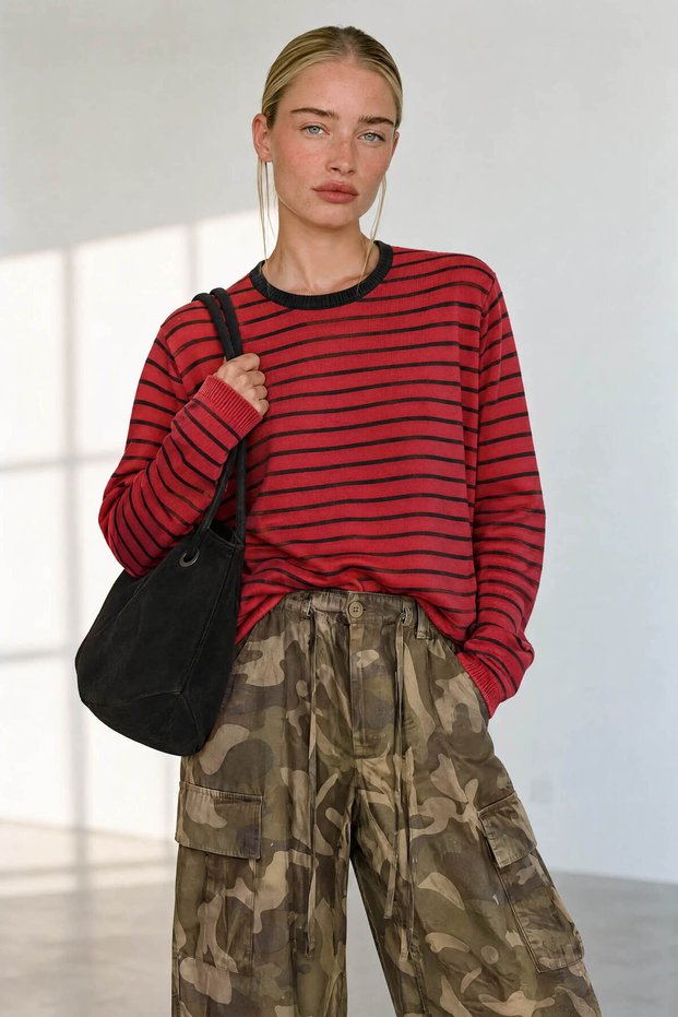 Red and Black Striped Slim-Fit Oversized Fine Knit Sweater