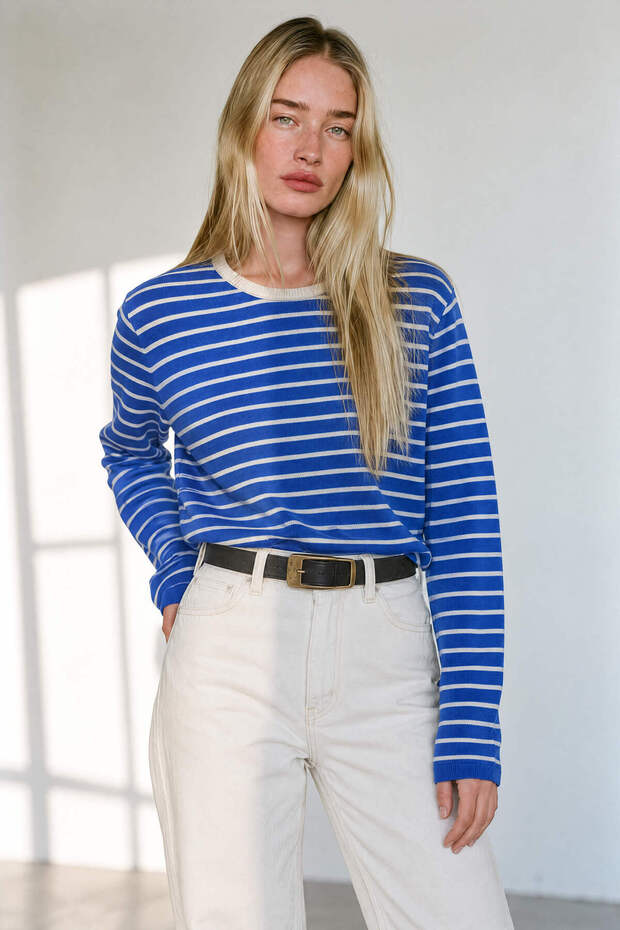 Lightweight Oversized Striped Blue and Cream Fine Knit Sweater