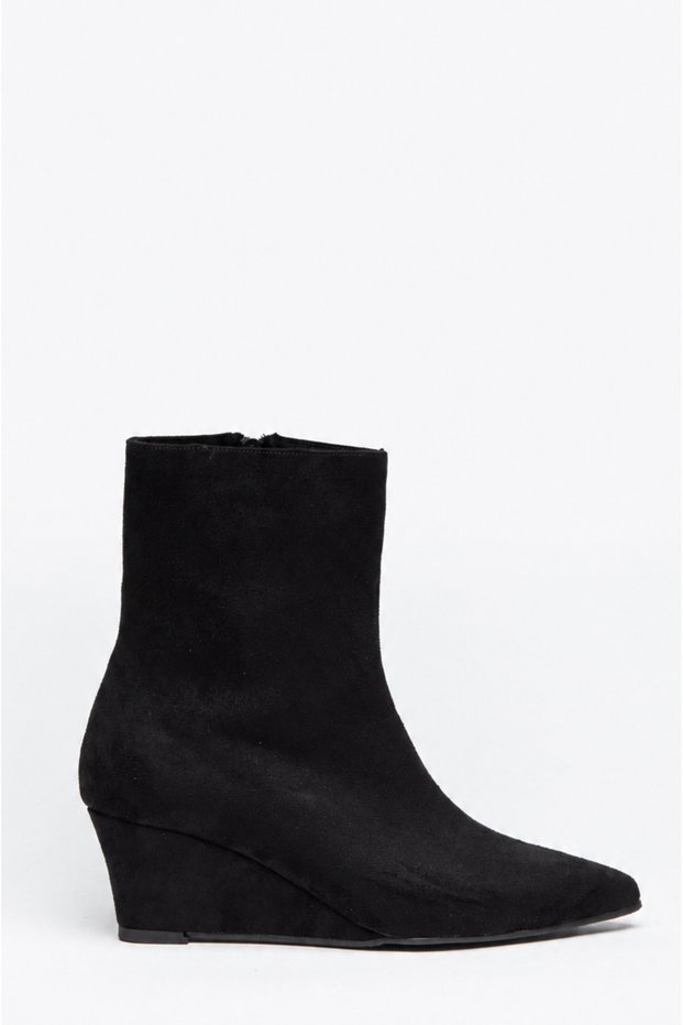 Black Suede Wedge Heel Ankle Boots with Zip-Up Boots—Comfortable Heeled Booties