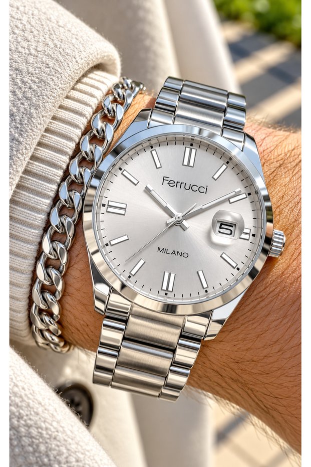 WHITE DIAL WITH CALENDAR—SILVER-COLORED STEEL STRAP—IN A STYLISH GIFT BOX—MEN'S WATCH + BRACELET