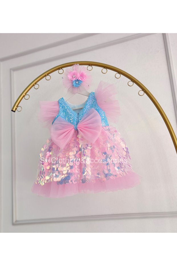 Mermaid Sequin Girls' Blue and Pink Birthday, Wedding, and Party Dress (Includes Hair Clip)