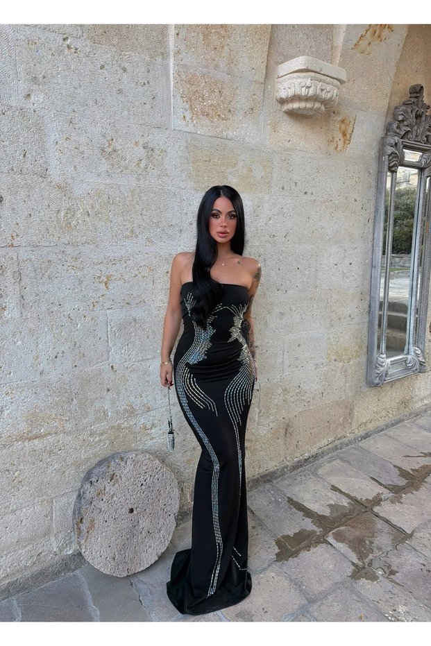 Silver-Embellished with Stones Evening Gown