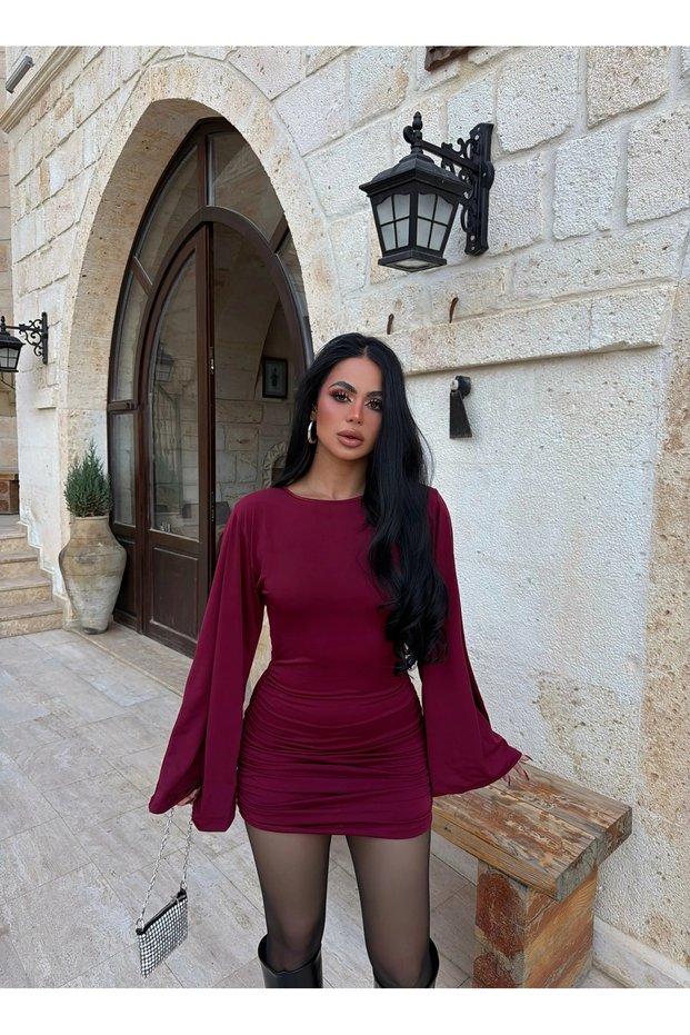 Burgundy Backless Draped Mini Dress