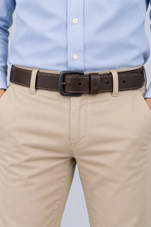 Men's Brown 3.5 cm Metal Buckle Belt with Stitching Detail for Jeans and Fabric Trousers